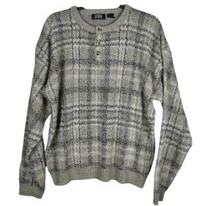 90's vintage beige plaid crew neck button sweater men's sz large preppy grandpa